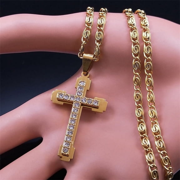 Christian Jesus Cross Religious Necklace Golden Color 14K White Gold Pendant Necklaces Men Chain Jewelry colar masculino