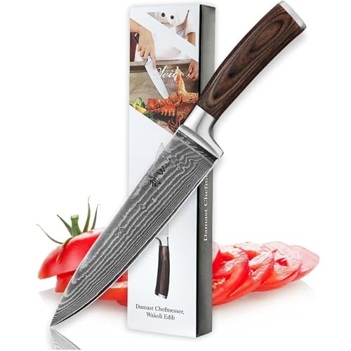 Wakoli 8-inch Damascus Chef Knife - 67-Layer VG10 Core Steel, Razor Sharp Professional Kitchen Knife with Ergonomic Pakkawood Handle, for Slicing, Dicing & All Cooking Tasks - Gift Box (EDIB)