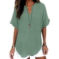 thumbnail image 2 of Sillenn Womens Cotton Linen Tunic Tops Half Sleeve V Neck Pullover Tshirts Elbow Length Sleeve Blouses Dressy Casual Summer Trendy Loose Fit Boho Gauze Shirts Plus Size Flowy Outfits Green M, 2 of 6