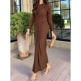 thumbnail image 5 of Women'S Long Sleeve Autumn Maxi Dress 2025 Crewneck Knit Wrinkles Casual Slim Dresses Brown XL, 5 of 7