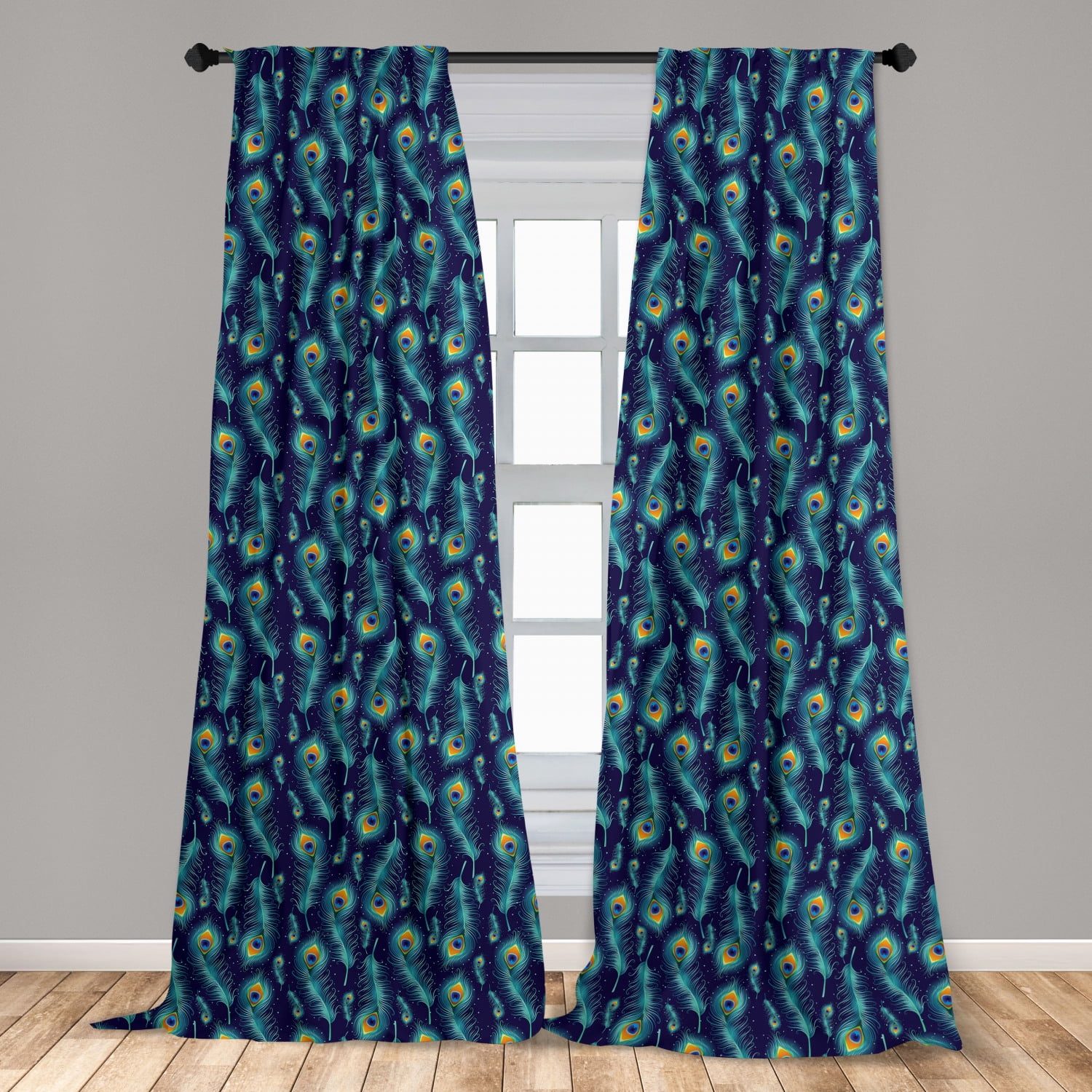 Peacock Curtains 2 Panels Set, Graphic Peacock Bird Feathers Background