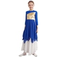 thumbnail image 6 of YIZYIF Kids Girls Bronzing Bodice Tunic Praise Worship Dance Dress Asymmetric Back Zipper Lyrical Contemporary Dance Costume Royal Blue 6, 6 of 7