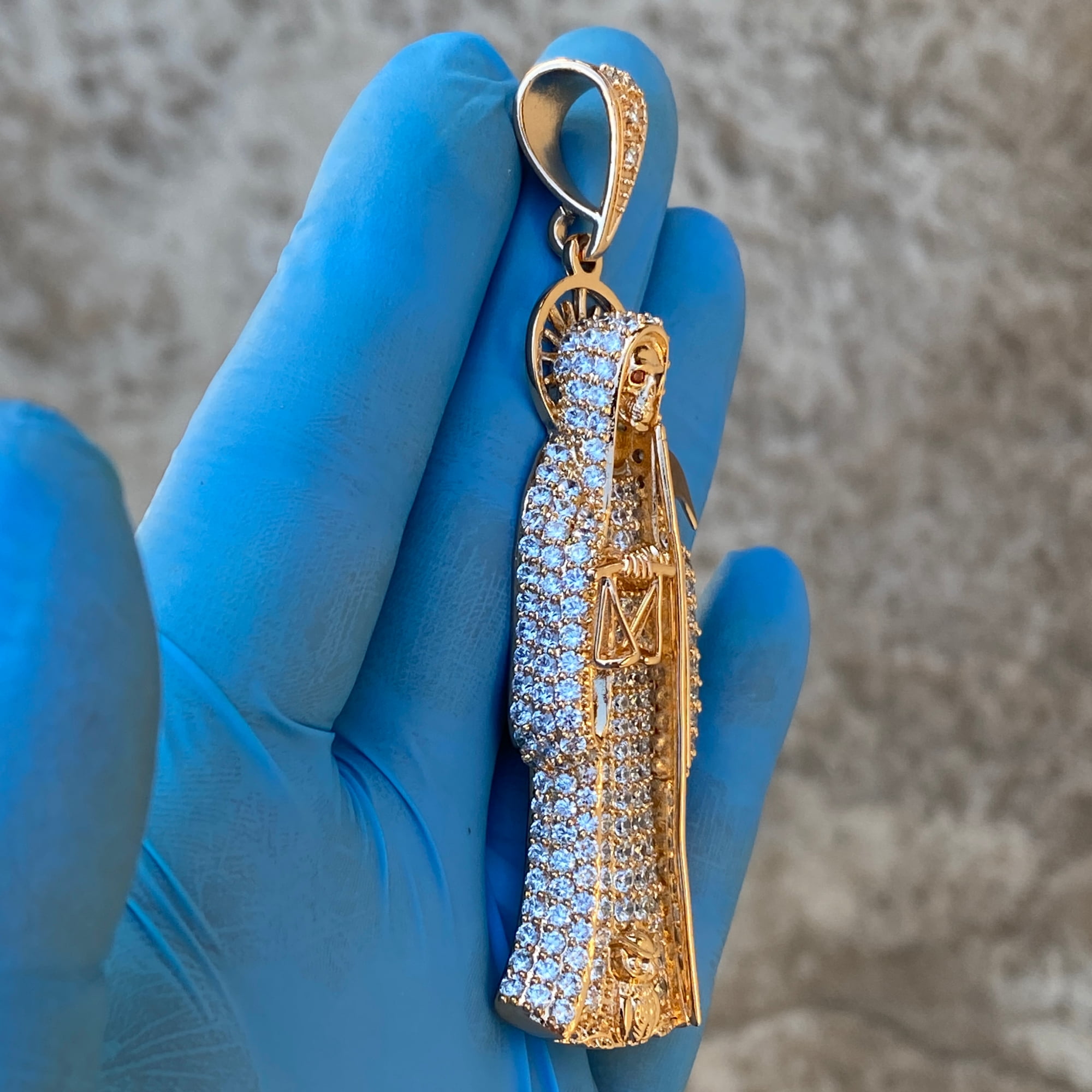Nuestra Señora De La Santa Muerte Pendant Holy Death Grim Reaper Iced Micro Pave Bling 18k Gold Finish Charm 3.5" inch
