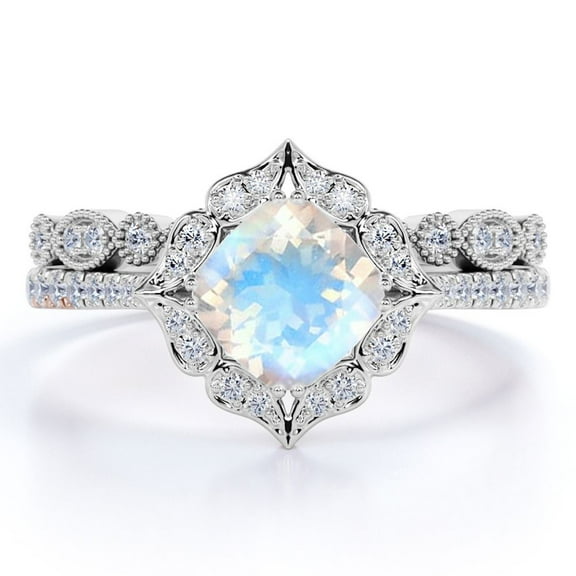 JeenMata 1.5 carat Princess Faceted Rainbow Moonstone and Moissanite V Shank Bridal Ring Set in 18k White Gold over Silver