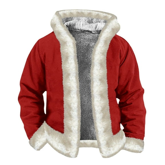 Telankuip Men's Santa Claus Red Shearling Christmas Winter Jackets Xmas Sherpa Line Winter Hoodies Coat for Men Leather Aviator Style Open Front Sweatshirts Outwear Red XL