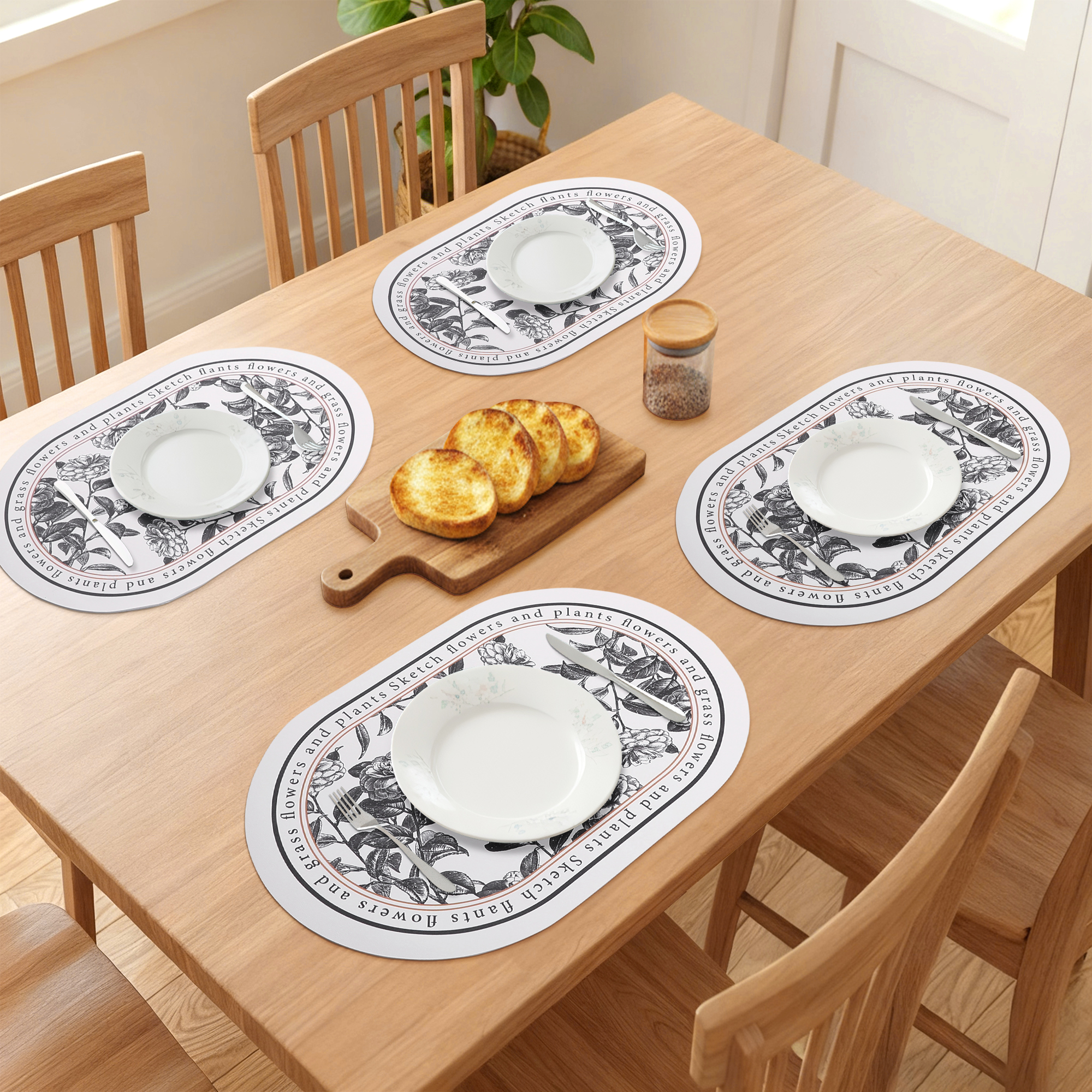 Placemats Set of 6 Floral Leather Placemats for Kitchen Dining Table Decor Heat Resistant Table Placemats Wipeable Table Mat Black/White 17.7*11.8inch