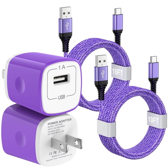 USB C Charger Block, 2 Pack USB Wall Charger Adapter Plug with 10FT USB C Charging Cable, Type C Block Charger USB Brick Cube Fast Charging with Type C Charging Cable Compatible for Android, Purple