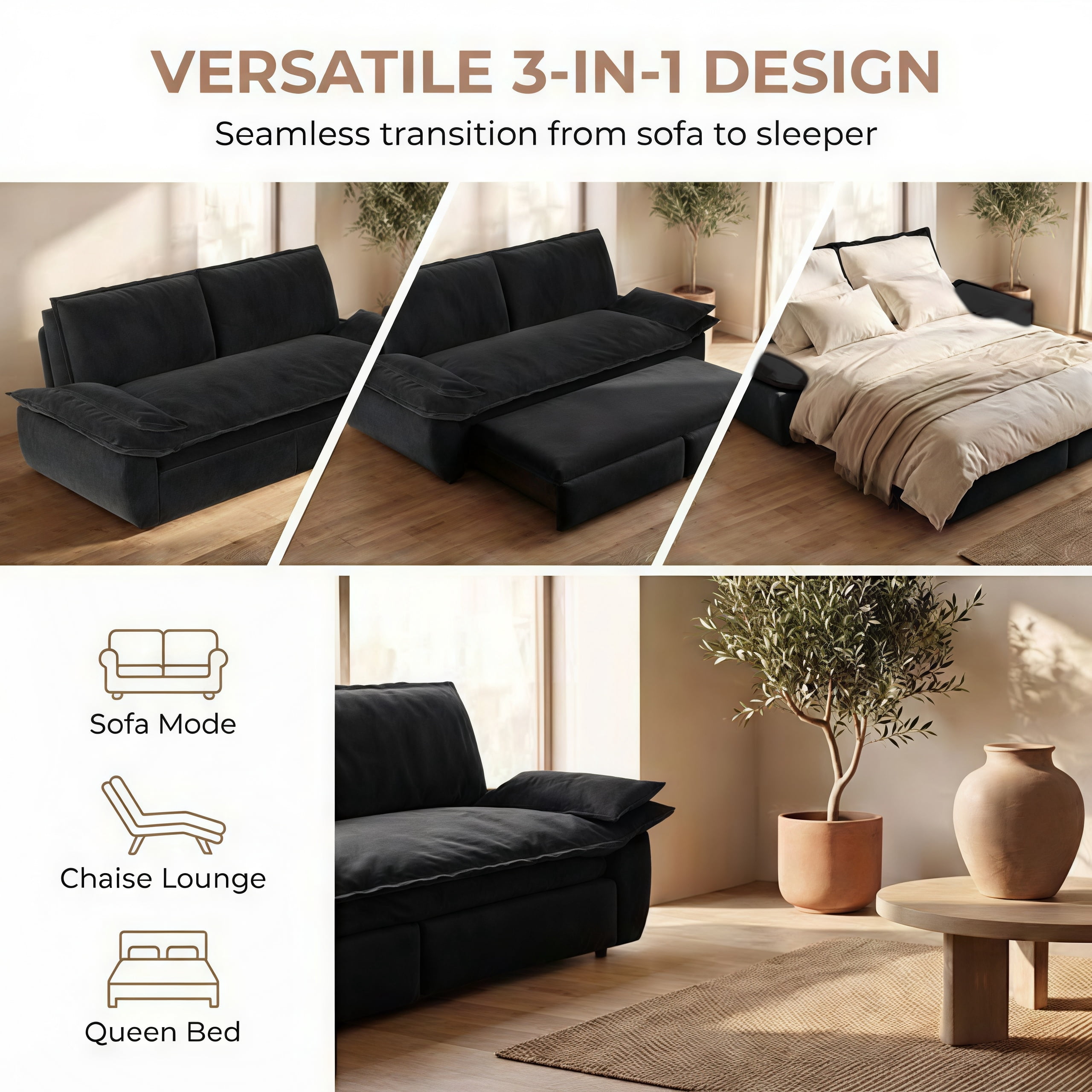 3-in-1 Queen Convertible Sleeper Sofa Bed, 73.2" Velvet Pull Out Couch with Extra Deep Seat & Pillow Top Armrests, Modern Folding Futon Lounge, Black