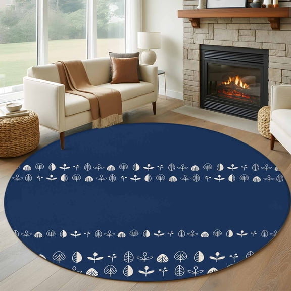 Rustic Botanical Round Area Rug 8Ft Washable Large Circle Rugs for Living Room Dorm, Japanese Herb on Navy Blue Simple Art Non-Slip Carpet Floor Mats Indoor Outdoor Carpet Runner Aesthetic Home Decor