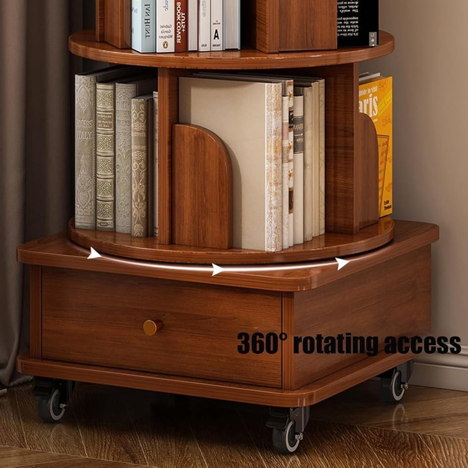 Rotating Bookshelf, 360° Display Corner Bookshelf for Small Space, 5 Tier Bookcase Storage Rack with Wheels, Wood Narrow Organizer for Bedroom, Living Room, Office