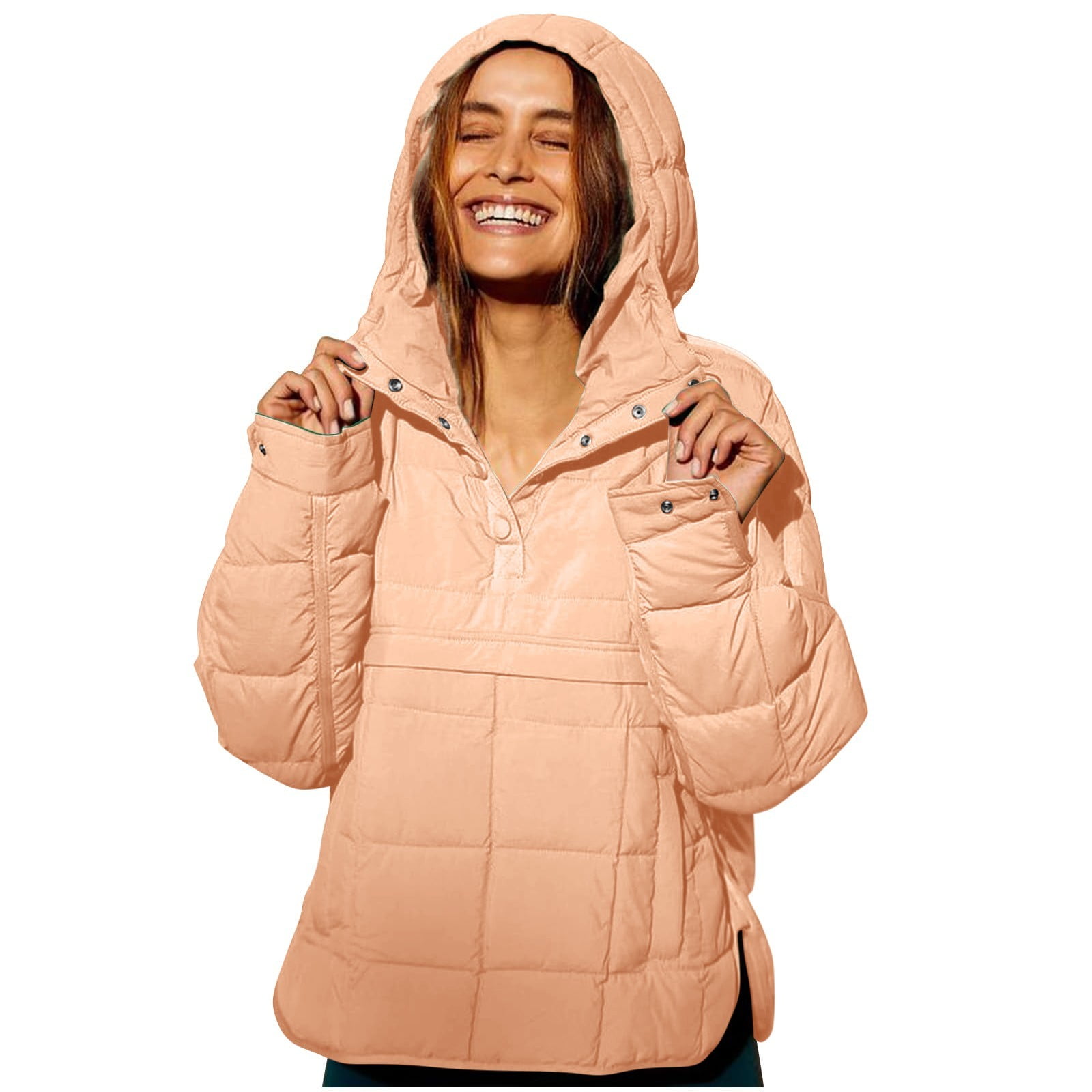 Rigardu Hoodies for Women Pullover Women's Quilted Pullover Puffer Jacket Oversized Long Sleeve Hooded Coats Winter Warm Lightweight Outwear with Pocket Womens Hoodies Coffee S