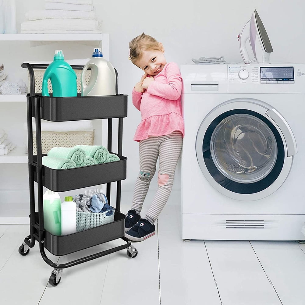 Kadyn 3 Tier Utility Carts with Lockable Wheels, Metal Rolling Cart with Handle, Storage Organizer Trolley Cart for Bathroom, Black