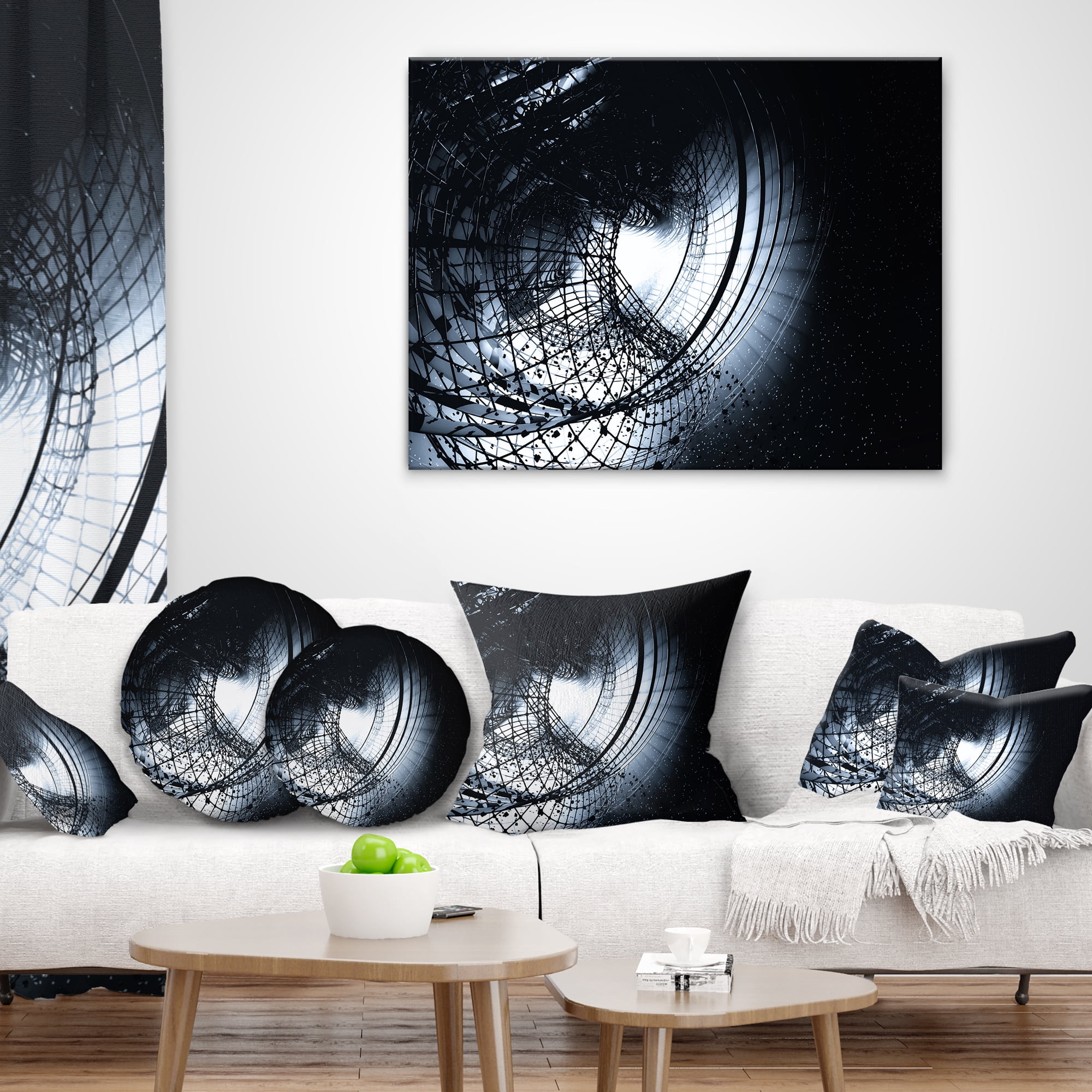 Designart 3D Abstract Art Black Spiral - Abstract Throw Pillow - 12x20