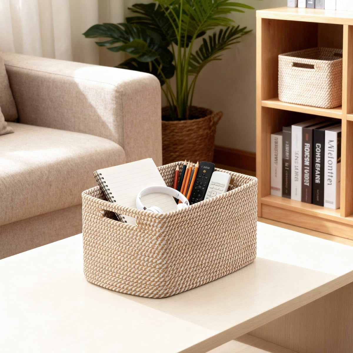 5-Pack Woven Shelf Storage Baskets, Cotton Rope Organizer Bins for Toys Books Clothes Closet Nursery Bathroom, Khaki and White