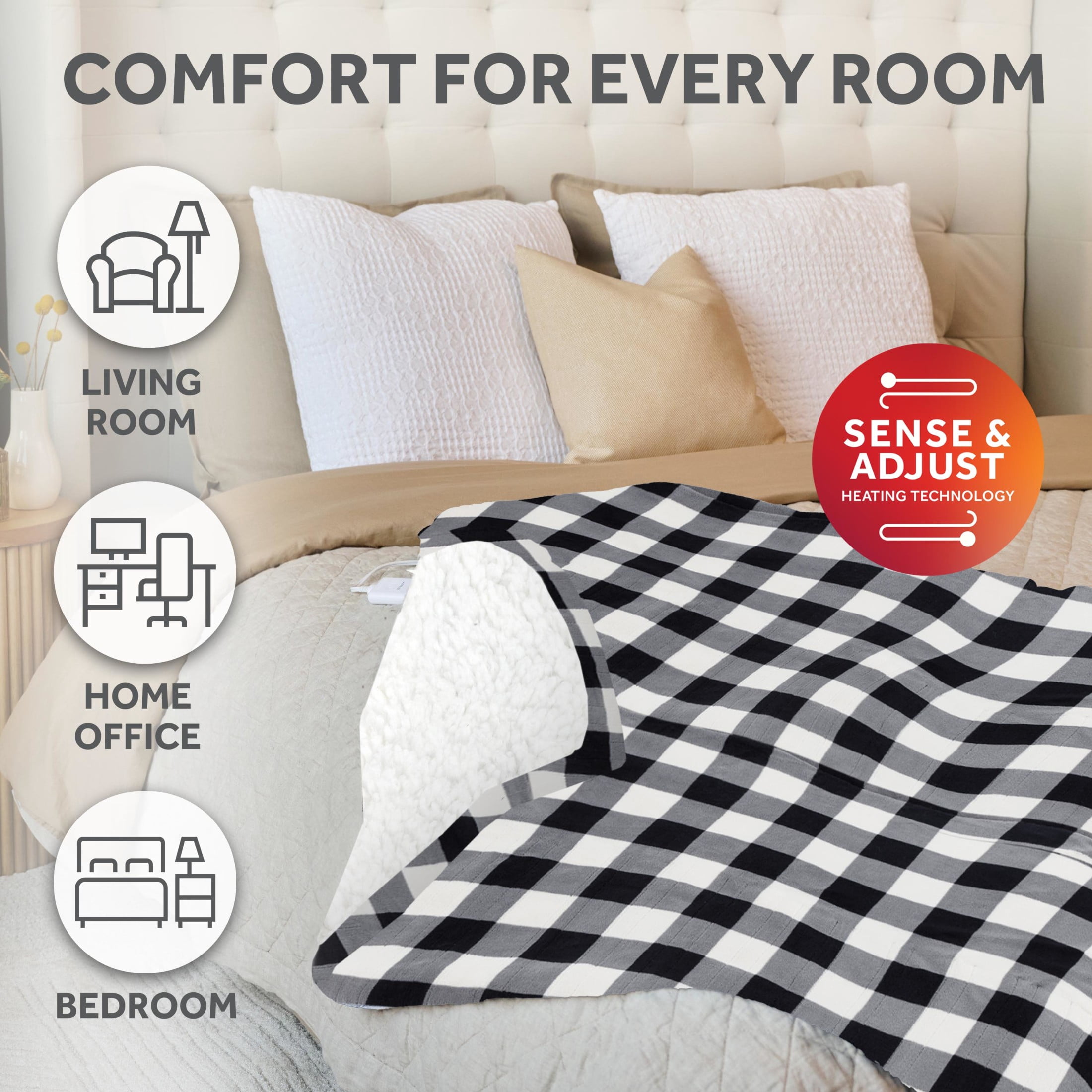 Sunbeam Electric Heated Throw Blanket Black/White Plaid Microplush Faux Shearling 4 Heat 50x70
