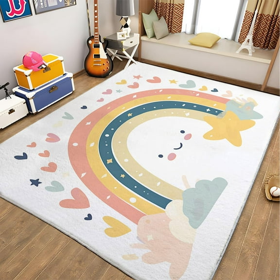 Washable Area Rug, Cartoon Rainbow Love Print Accent Floor Carpet For Dining Room Office Home, White Soft Low-Pile Non-Slip Rugs For Living Bedroom Rug