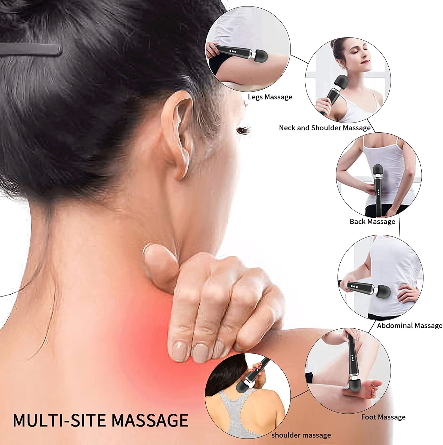 Happon Cordless Personal Wand Massager, USB Rechargeable Neck Shoulder Foot Handle Back Massager Device,10 Powerful Modes and 8 Speed Soft Silicone Electric Body Massager for Men Women (White)