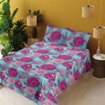 thumbnail image 2 of Ambesonne Floral Fitted & Flat Sheet with Shams 4 Pcs Set, Chrysanthemum and Peony Plot, Calking, Hot Pink and Pale Teal, 2 of 5
