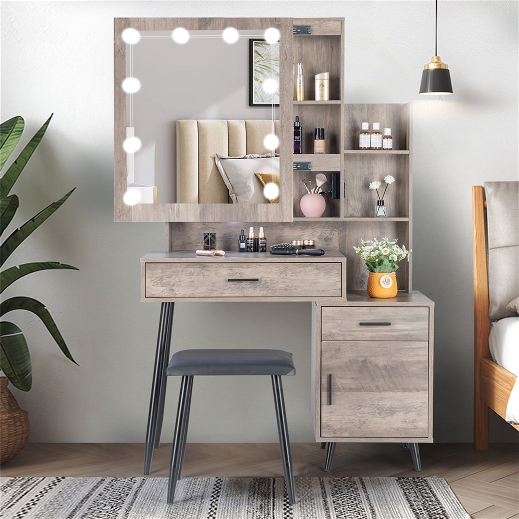 Kadyn Vanity Table and Chair Set, Make Up Vanity Desk with 2 Pumps 2 Shelves, Dressing Table Set, Brown