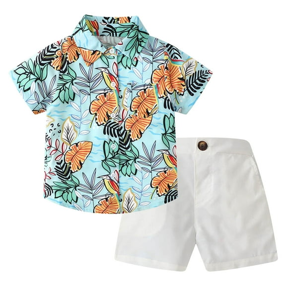 Otqutp 1-7 Years Toddler Baby Boys Summer Beach Outfit Print Shirt Short Sleeve Button Down Top   Shorts Set 2Pcs Birthday Clothes Set(Blue,18-24 Months)