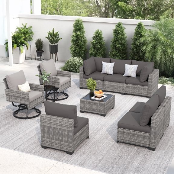 10 Pieces Outdoor Patio Furniture Set with Swivel Chairs, Wicker Sectional Sofa Set Rattan Modular Patio Conversation with Cushions Couch & Coffee Table for Garden, Balcony, Porch, Grey-Grey