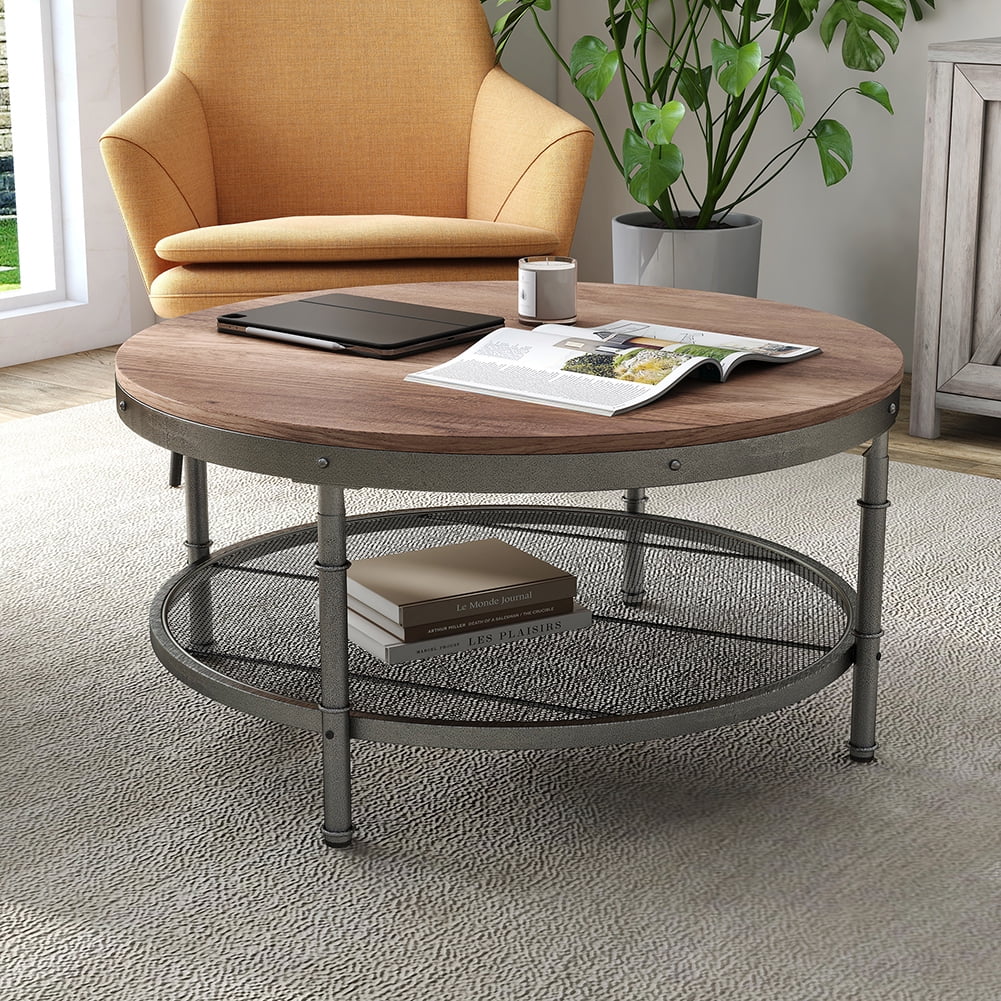 Kadyn 2-Tier Single Panel Round Coffee Table, Modern Accent Table with 3D Texture Metal Frame and Mesh, Retro Sofa Side Table for Living Room, Brown Kadyn 2-Tier Single Panel Round Coffee Table, Modern Accent Table with 3D Texture Metal Frame and Mesh, Retro Sofa Side Table for Living Room, Brown