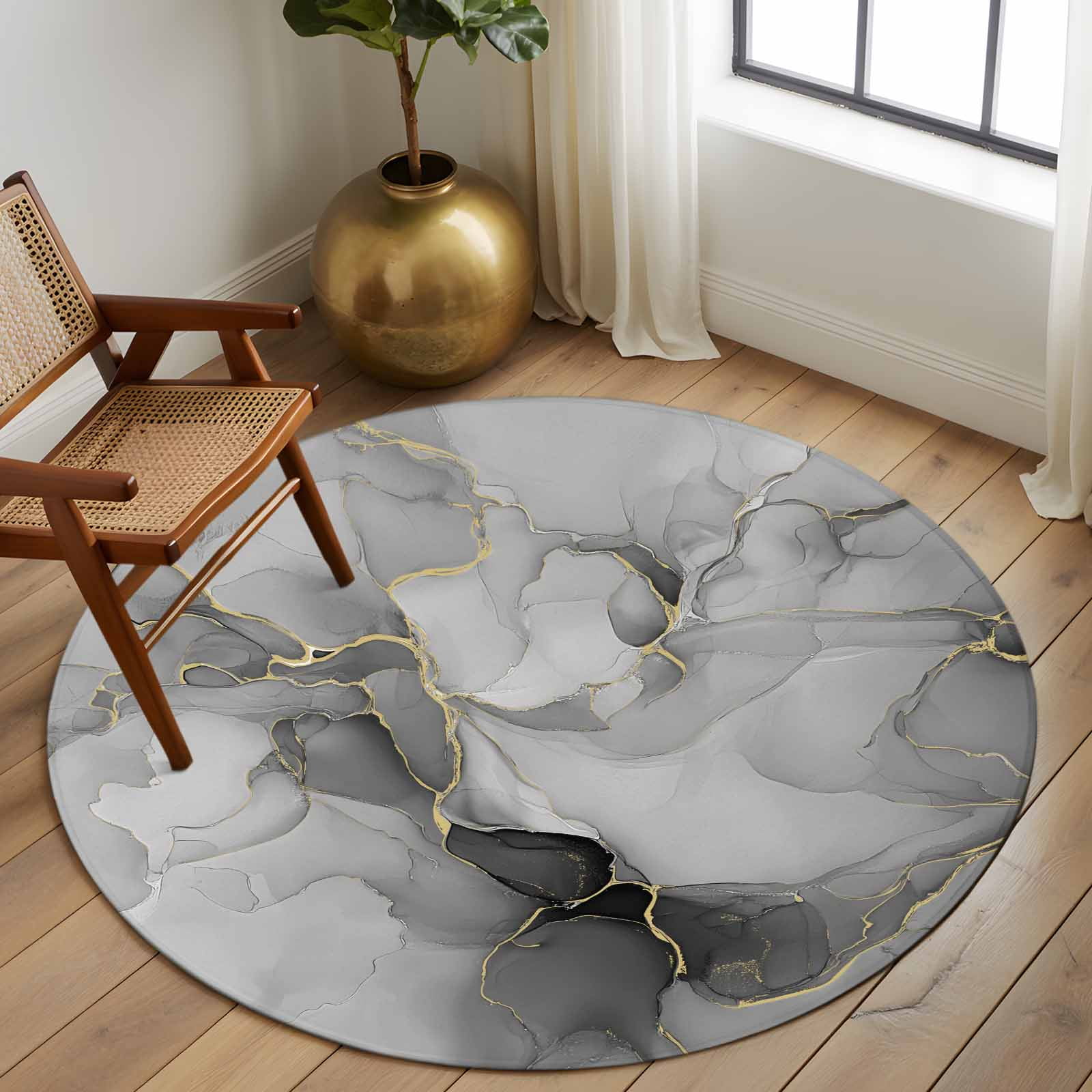 Grey Ombre Marble Round Rugs 7ft, Gray Marble Crack Abstract Modern Non Slip Washable Rug Runner, Low Pile Indoor Floor Carpet Mat Bathroom Rugs for Living Room, Bedroom, Kids Room