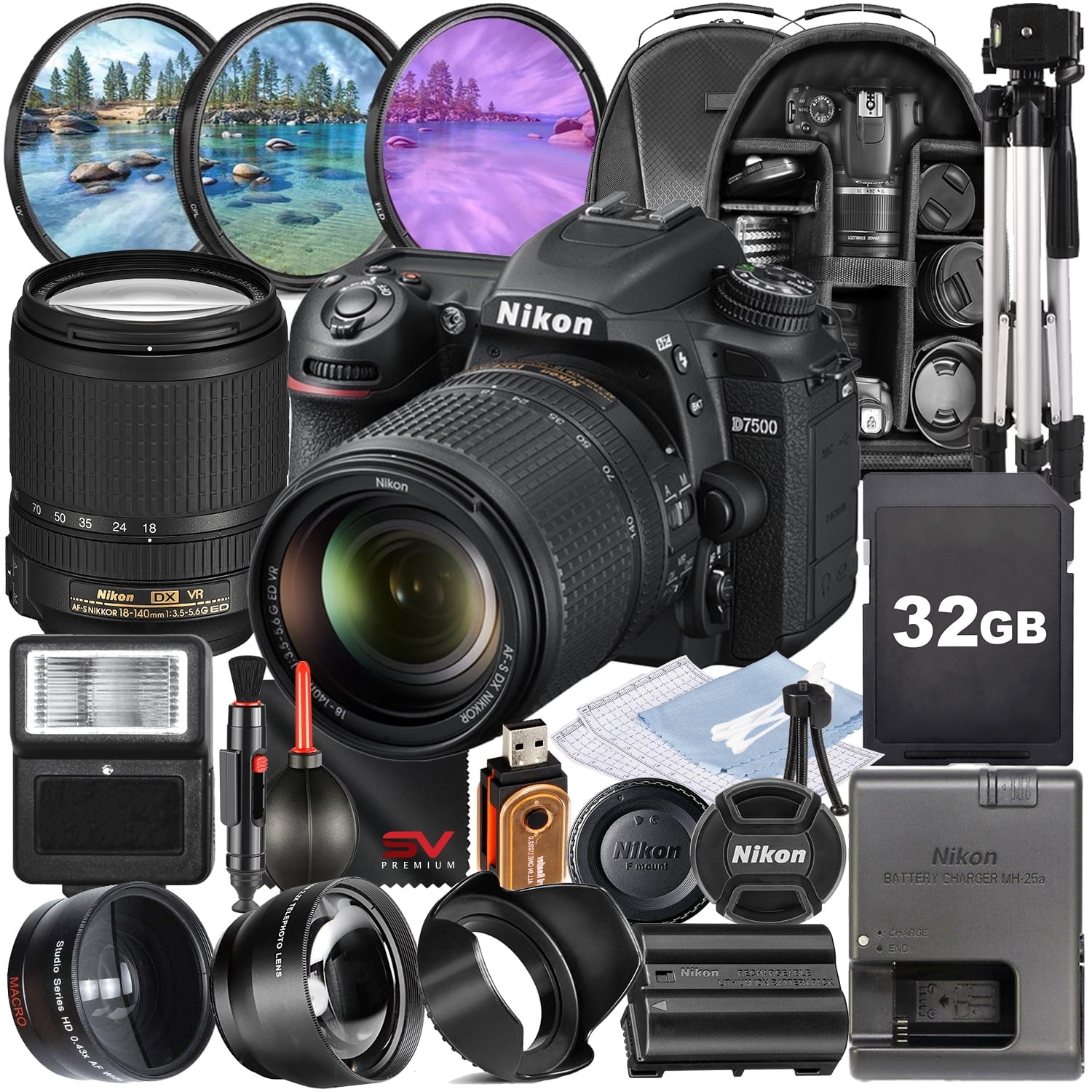 Nikon D7500 Camera + AF-S 18-140mm VR - 3 Lens Kit + Flash + 1yr