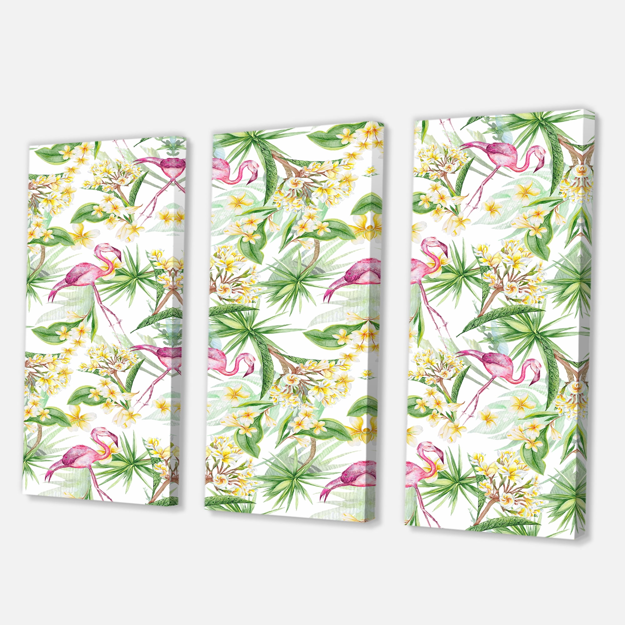 Designart ' Yellow Flowers, Tropical Foliage With Flamingo IV ' Modern Canvas Wall Art Print