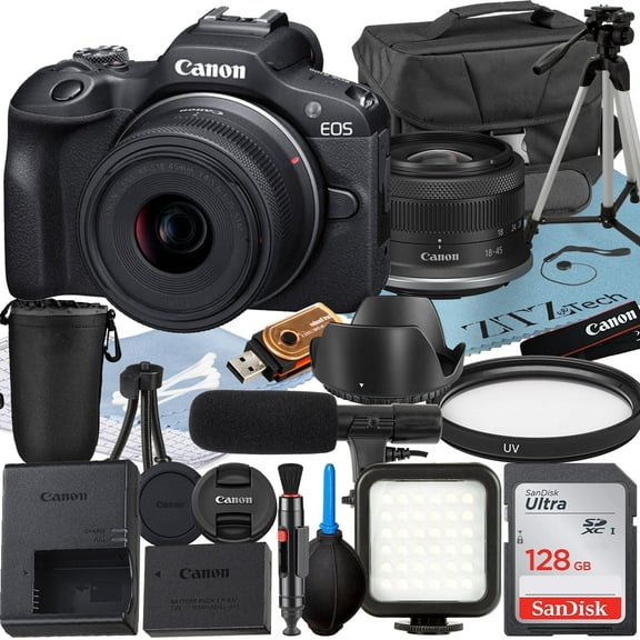Canon EOS R100 Mirrorless Camera with RF-S 18-45mm Lens   SanDisk 128GB Memory Card   Case   LED Flash   ZeeTech Accessory Bundle