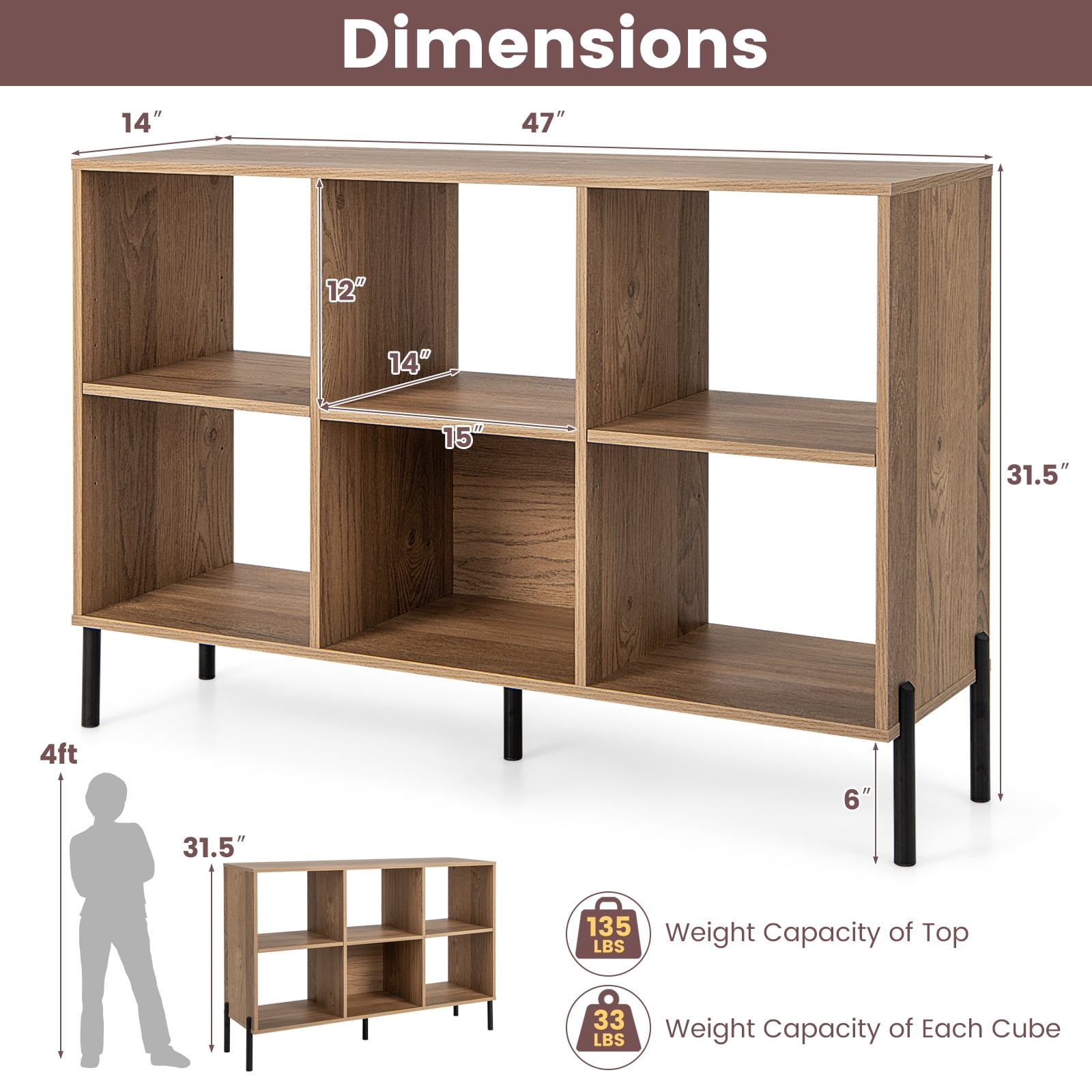 Giantex 6 Cube Storage Organizer Bookshelf, Wood Open Bookcase w/Metal Legs, Adjustable Display Shelf, Natural