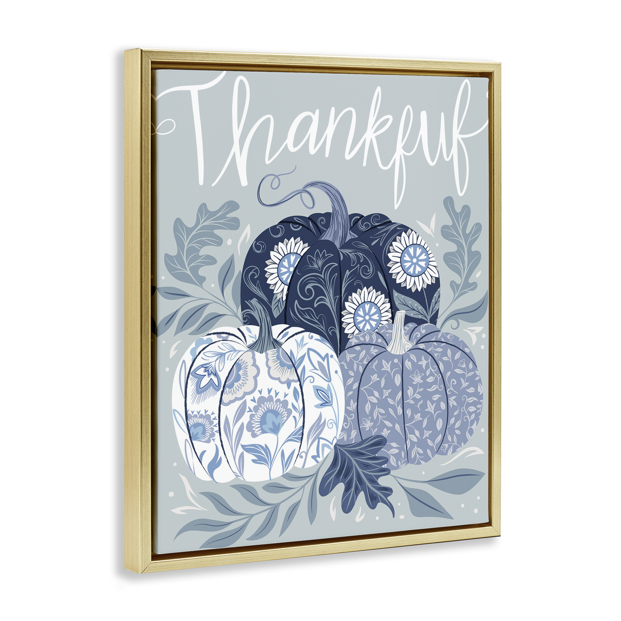 Stupell Industries Thankful Ornate Floral Pumpkins Plants & Flowers Painting Gold Floater Framed Canvas Art Print Wall Art, 25 x 31