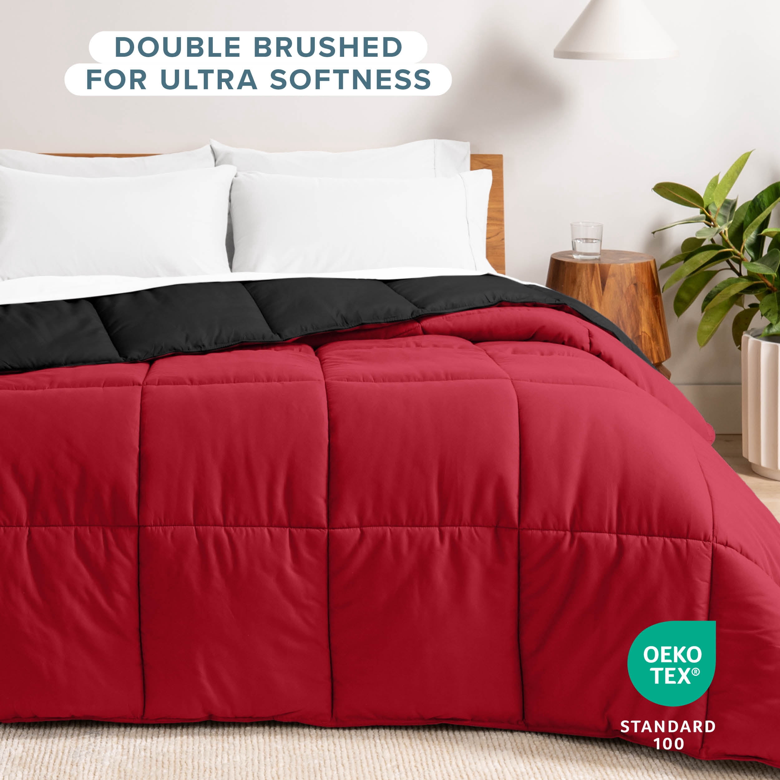 Bare Home 1800 Collection Reversible Down Alternative Comforter, All-Season, Full, Black/Red