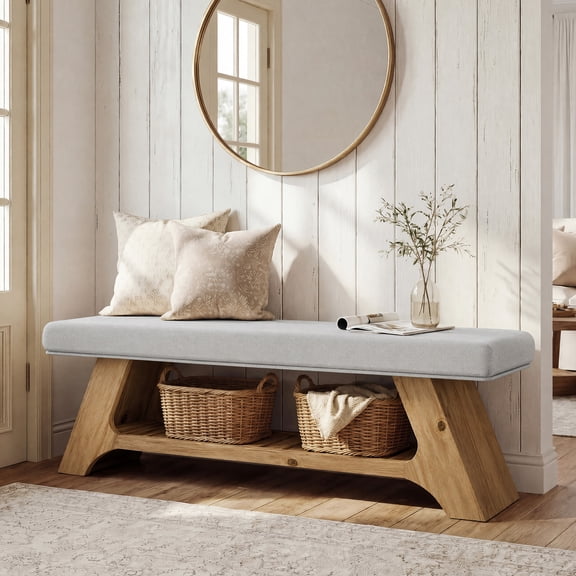 Finmind 2-Tier Solid Wood Bench with Shoe Storage, 55 inch Farmhouse Upholstered Entryway Bench for Living Room, Wood Brown and Gray