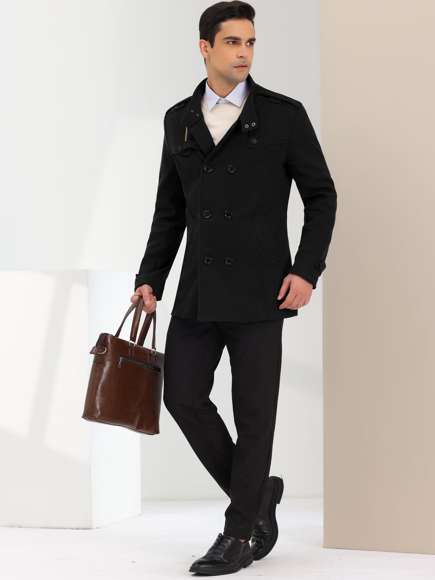 DARING DIVA Men's Winter Coat Stand Collar Double Breasted Pea Coats XL Black