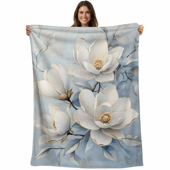 Flannel Fleece Throw Blanket Classic Flower Magnolia Lightweight Soft Plush Blankets,Blue Gradient Cozy Warm Throw Blanket for Couch Sofa Bed Car Office All Season Use 40x50in