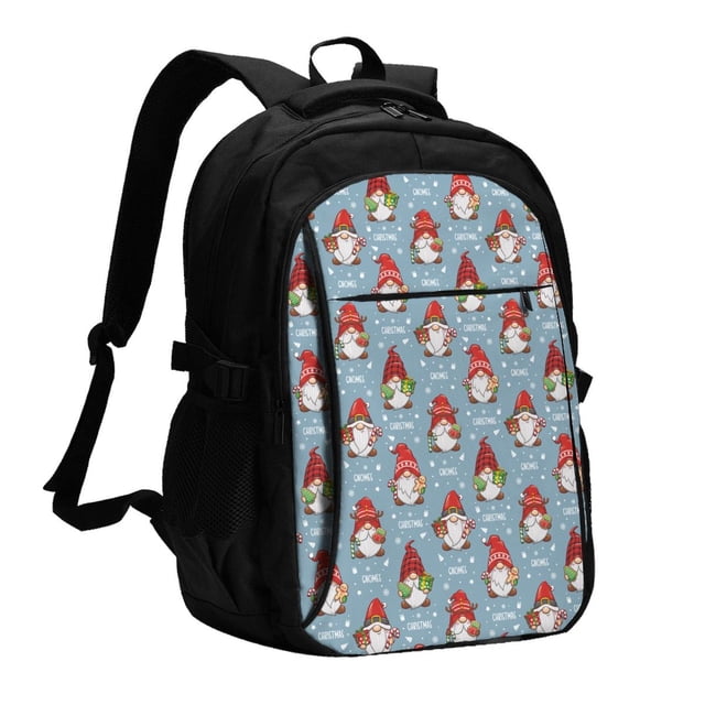 Balery Snowflake Christmas gnome Mochila con carga USB para hombre y mujer - Mochila impermeable y antirrobo para portátil con puerto USB para viajes, trabajo, estudios y universidad