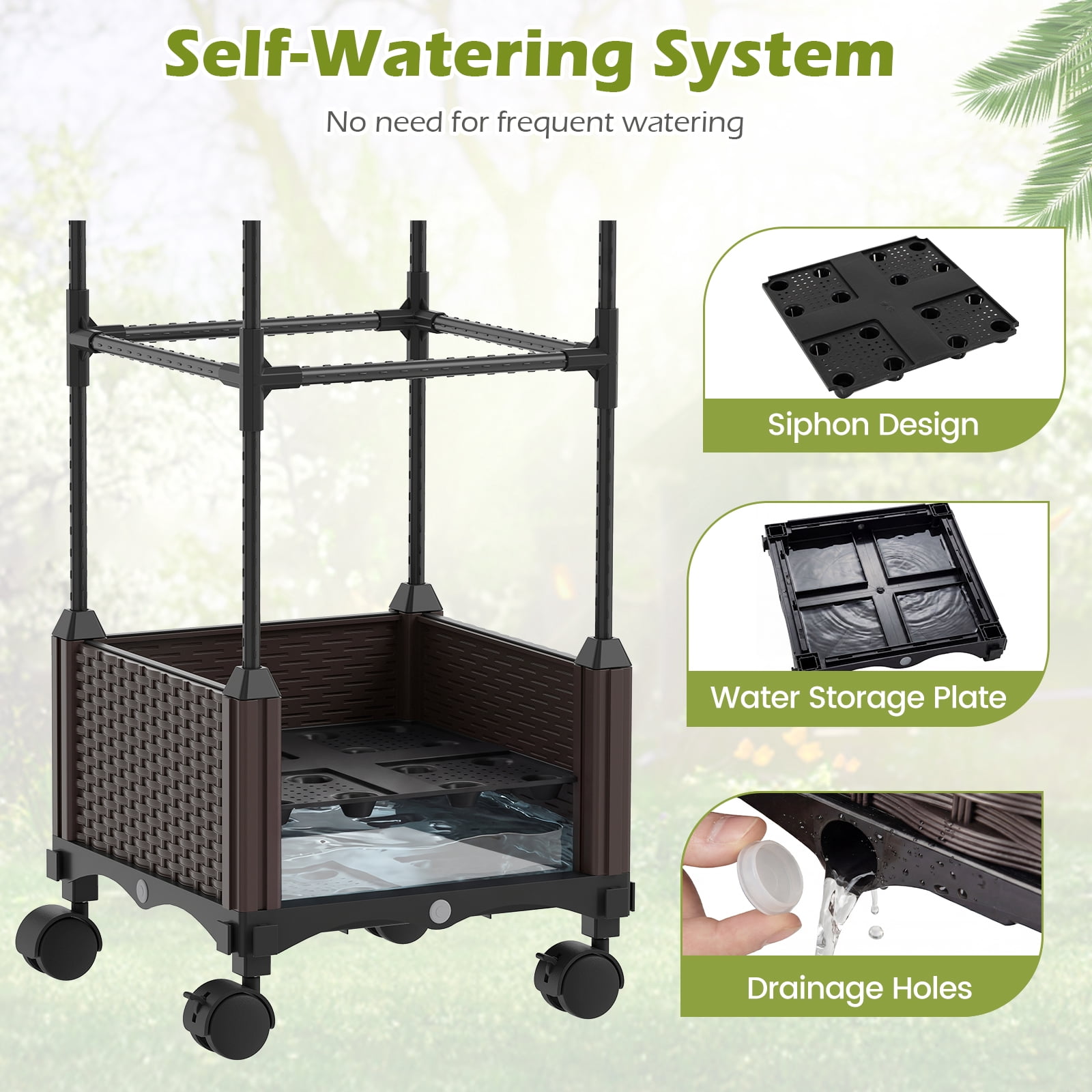 Costway 1 PCS Raised Garden Bed Tomato Cage Planter Box with PE-Coated Metal Trelli Wheels