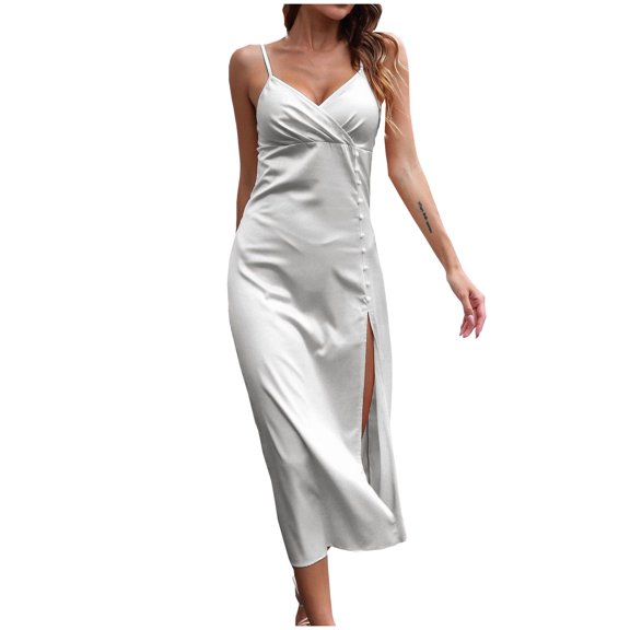 Bigersell Boho Dresses for Women Summer Fashion Solid Color Sleeveless Sling V-Neck Button Dress Big & Tall Faux-Wrap Dress Style 29780, Female Full-Length Dresses Gray XL