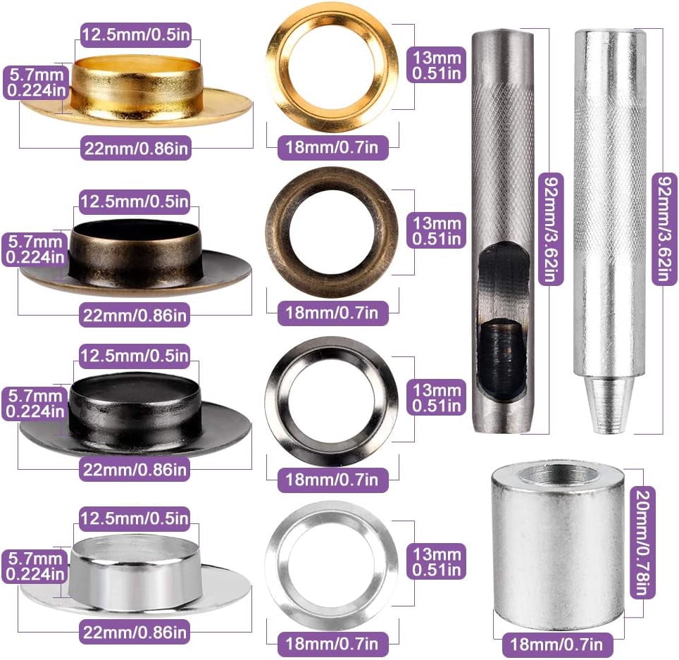 ABCISI 1/2inch Grommet Kit, 100 Sets Grommets Eyelets with 3 Pieces Install Tool Kit, 4 Colors Grommets Kit with Storage Box for Craft Making, Repair and Decoration