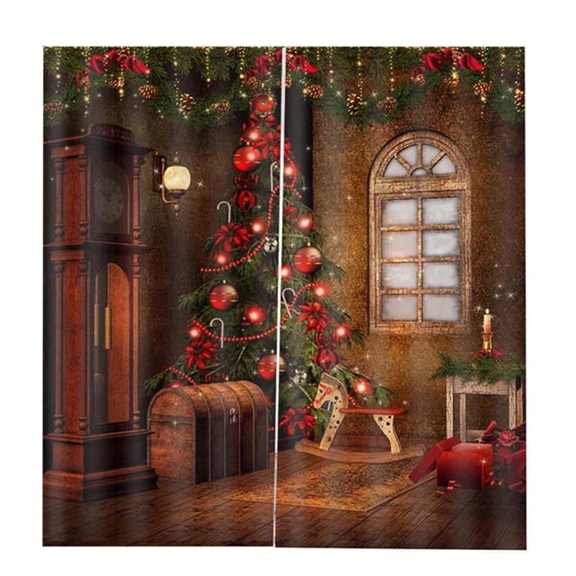 cortinas opacas en 3d zulema cortina opaca tamaño 166x150cm Par de paneles de poliéster con impresión digital 3D de motivos navideños: árbol decorado con esferas rojas y guirnaldas, baúl, mecedora infantil, reloj de pie y ventana arqueada sobre piso de madera; bloqueo de luz aprox. 70%, incluye 9 anillos, apta como cortina de panel para sala, dormitorio o balcón.