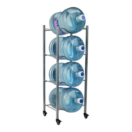 Mind Reader Adult Water Jug Stand, Holds four 5 Gallon Jugs, Water Cooler, Rack, Wheels, Metal, Gray