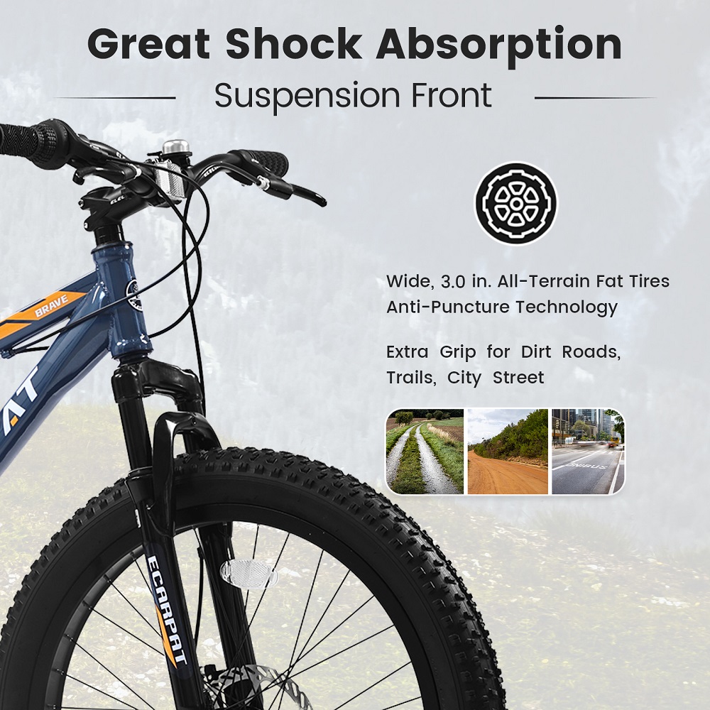 YDSM 24 Inch Fat Tire Bike Full Shimano 7 Speeds Mountain Bike, Dual Disc Brake, High-Carbon Steel Frame, Front Suspension, Mountain Trail Bike, Urban Commuter City Bicycle  Gray