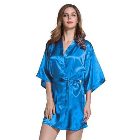 Womens Dressing - Womens Plain Satin Robe Dressing Gown Bridal Wedding Bride Kimono Robe Sleepwear