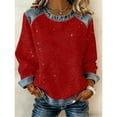 thumbnail image 3 of DAFPZW Shiny Tops with Denim Collar for Women Long Sleeve Crew Neck Pullover Luxury Office Outfits, 3 of 4