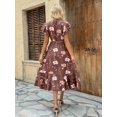 thumbnail image 2 of Brown Floral Print Wrap Midi Dress With Ruffle Sleeves And V-Neck For Women, 2 of 7