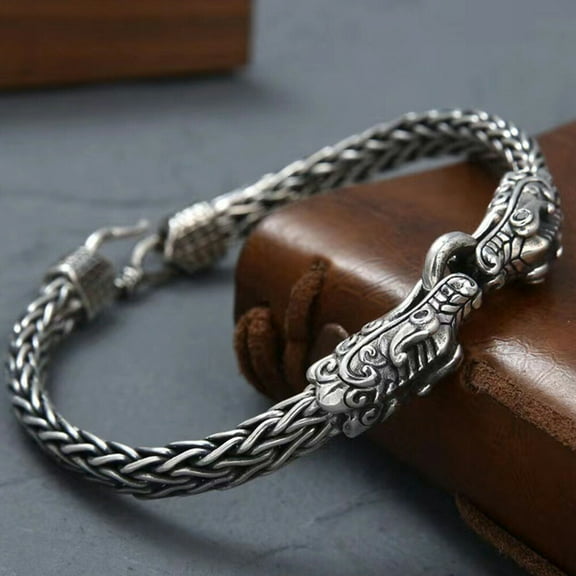 Fine Pure S925 Sterling Silver Chain Men Women Dragon Head Wheat Link Bracelet