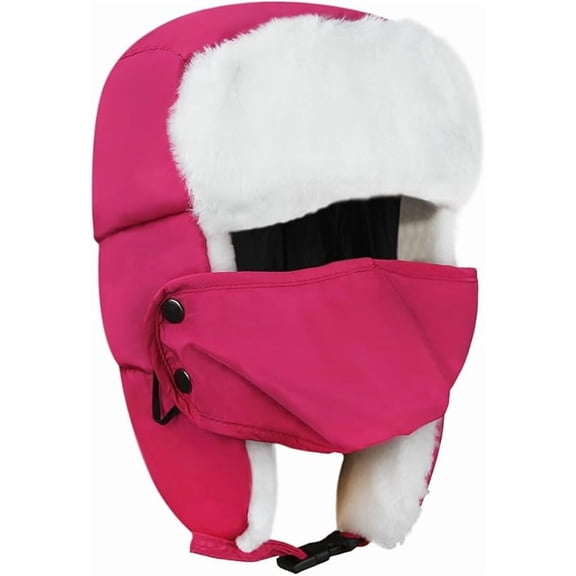 1Pcs  Kids Waterproof Winter Hat Windproof Ski Mask Trapper Hat Baby Teen Cute Ear Flap Fur Warm Beanie Cap Cold Weather Snow Hats  【 Rose Red 】