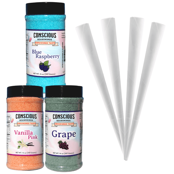 Cotton Candy Floss Sugar 3-Flavor (Vanilla, Raspberry, Grape) - 14 oz Each | W/ 50 Cones