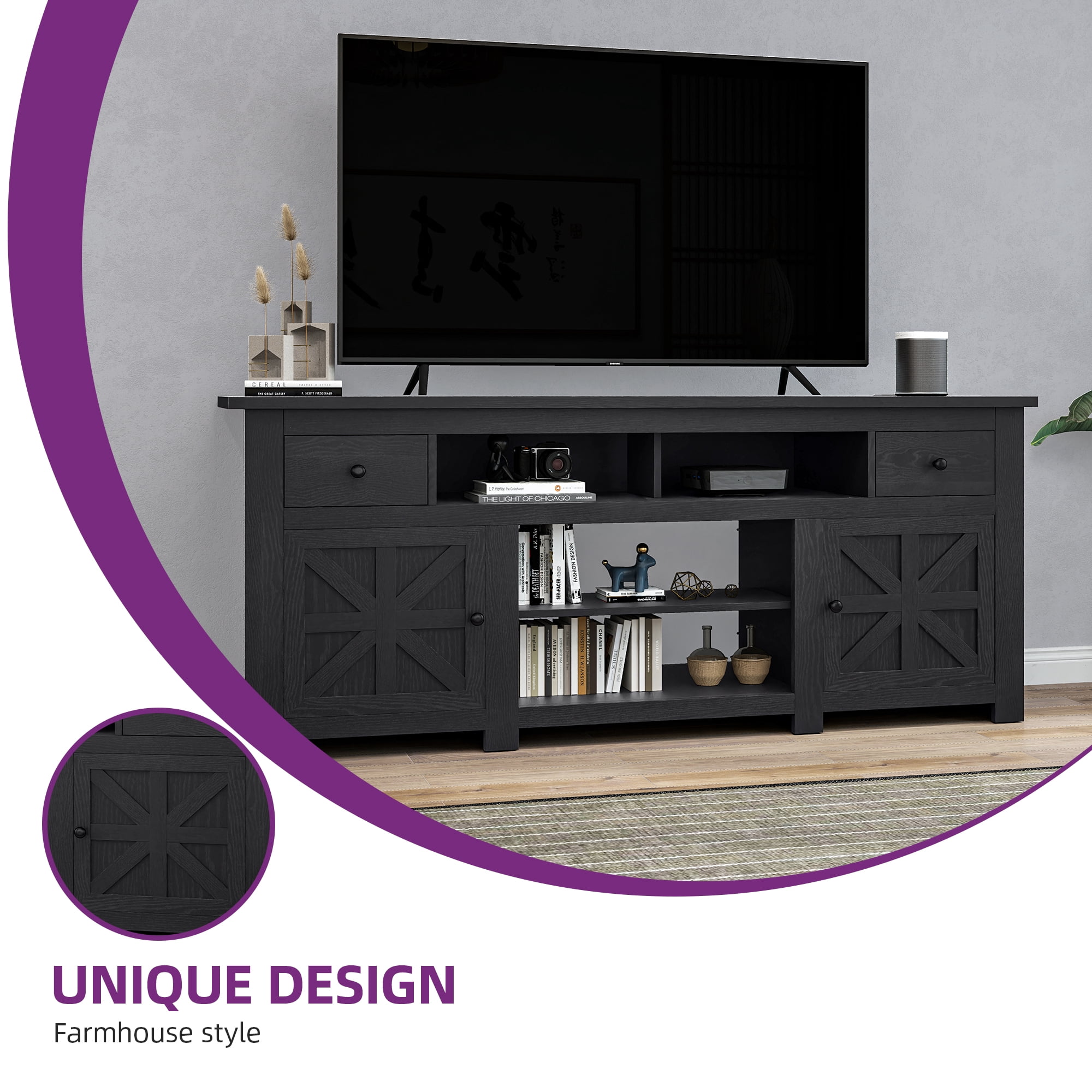 Uforic Built-in Power Socket, TV Cabinet for Screens up to 80'' with 2 Shelves, Black